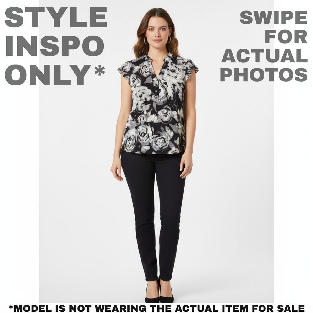 NWT Alfani 16W Black/White/Silver Flower-Patterned Silk Blouse [0082] - Picture 2 of 8